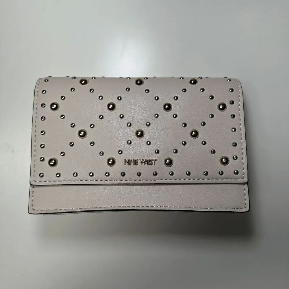 NINE WEST Studded Wallet Clutch Chain Strap‎ Beige Small Purse